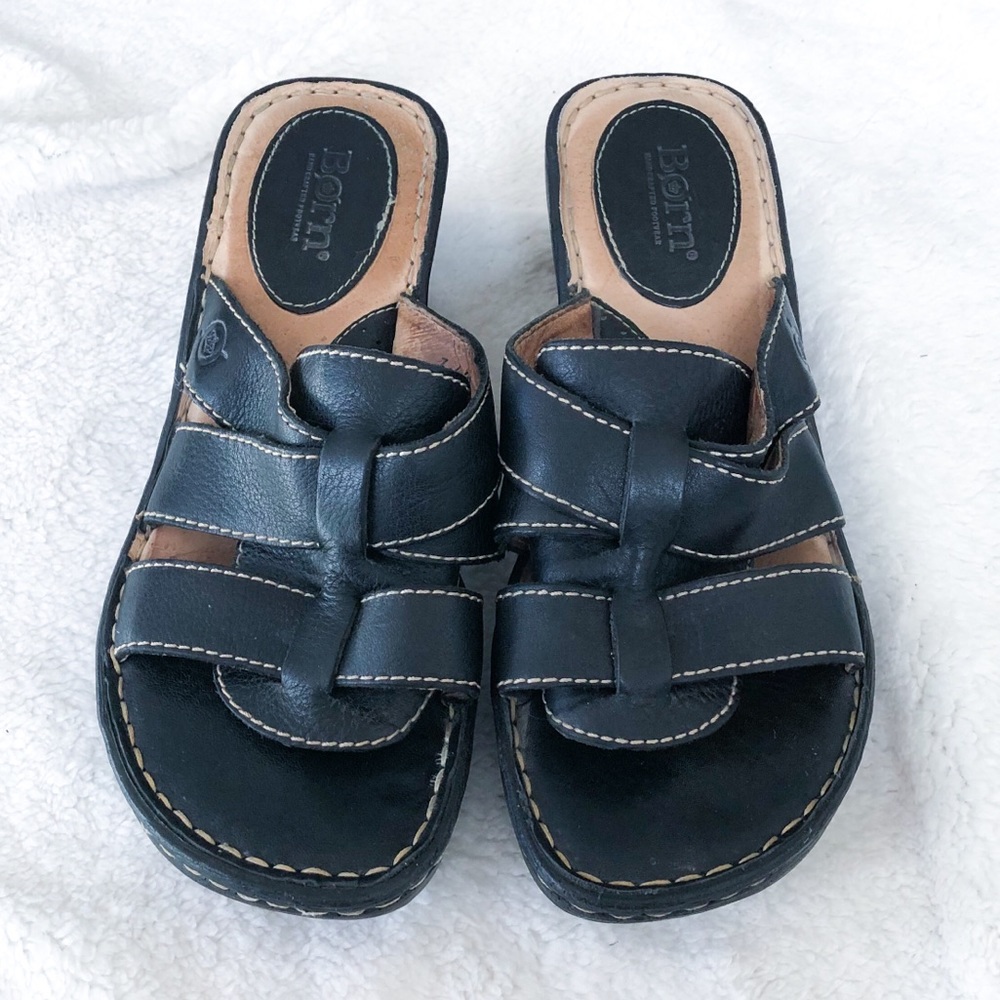 Born Black Wedge Sandals Leather Upper 7 Slide On